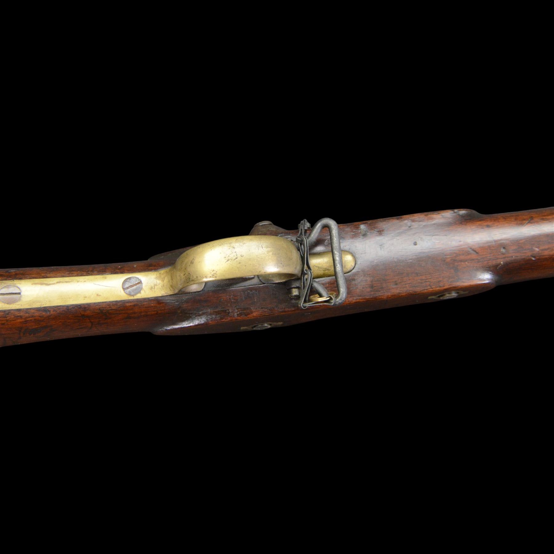 19th century Enfield percussion rifle, the 99cm barrel with three barrel bands, fore sight and rear sight, ramrod under, full walnut stock with brass butt, carrying sling brackets, action marked '1855 Tower' with Victoria cypher, overall L138cm