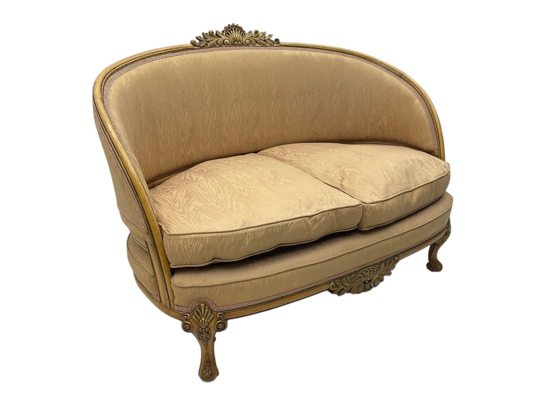 French Louis XV design walnut framed sofa, tub-shaped upholstered back with gilt foliate carved crest, padded seat with twin loose cushions, raised on cabriole supports with shell and acanthus leaf carvings