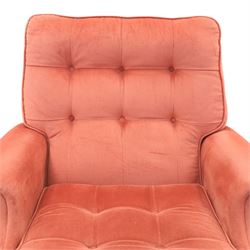 Parker Knoll - mid-century armchair suite, 'Model N30' recliner armchair with headrest and deep buttoned seat and back raised on castors, a wide armchair with deep button back and seat raised on castors, a wingback chair with flared scrolled arms, raised on cabriole supports