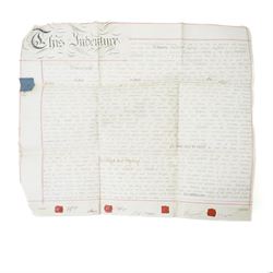 After Thomas Badeslade - series of twenty two reproduction small maps, framed 18th century indenture between Thomas Hyde, citizen and fishmonger and Tobias Hodgson, citizen and joiner of London and a lease regarding property in Soho 1834 