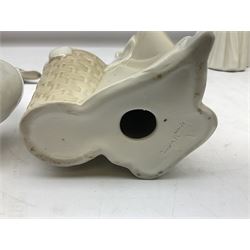 Lladro 'Walk With the Dog' figure no. 4893, together with Lladro swan figure, Porceval figure of a gentleman with a bird perched upon his hand and a further of a lady with flowers beside a basket, all with marks beneath, tallest H40cm