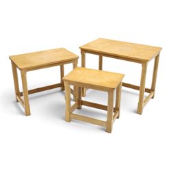 Mouseman - nest of three oak occasional tables, rectangular adzed top, on octagonal suppor...