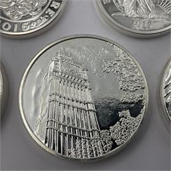 Five The Royal Mint United Kingdom fine silver coins comprising 2015 ‘Buckingham Palace’, 2016 ‘Big Ben’ and 2016 ‘Trafalgar Square’ one hundred pound coins, with 2015 ‘Britannia’ and 2016 ‘The Shakespeare Histories’ fifty pound coins