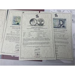 Queen Elizabeth II 'The Platinum Jubilee Banknote Collection' including 2022 'The Unissued Fifty Pence Banknote Gold Coin', housed in official card folder with certificates