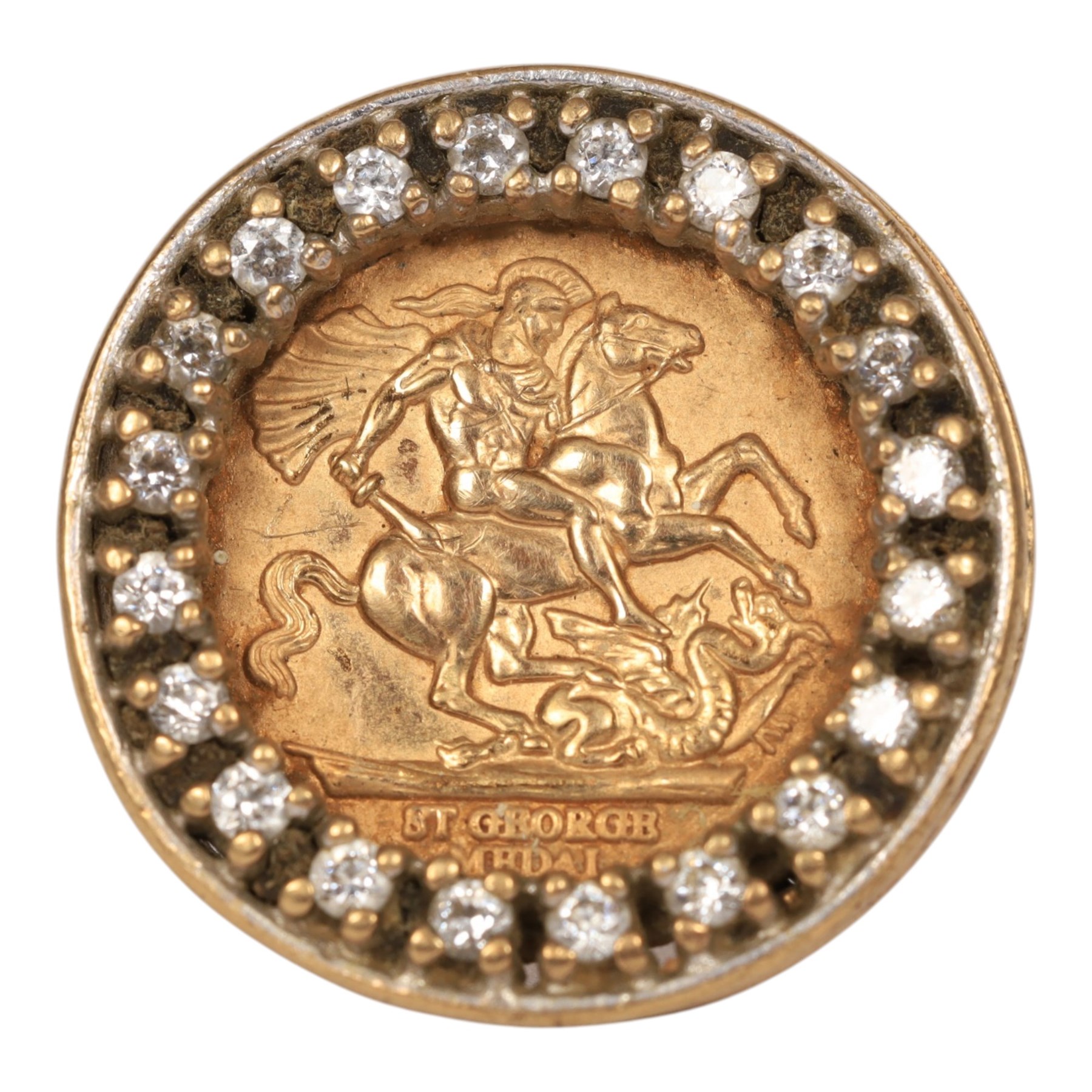 9ct gold St George coin ring, with cubic zirconia surround, hallmarked