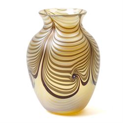 Okra art glass vase, by Richard P Golding, iridescent gold with stylised wave design, insc...