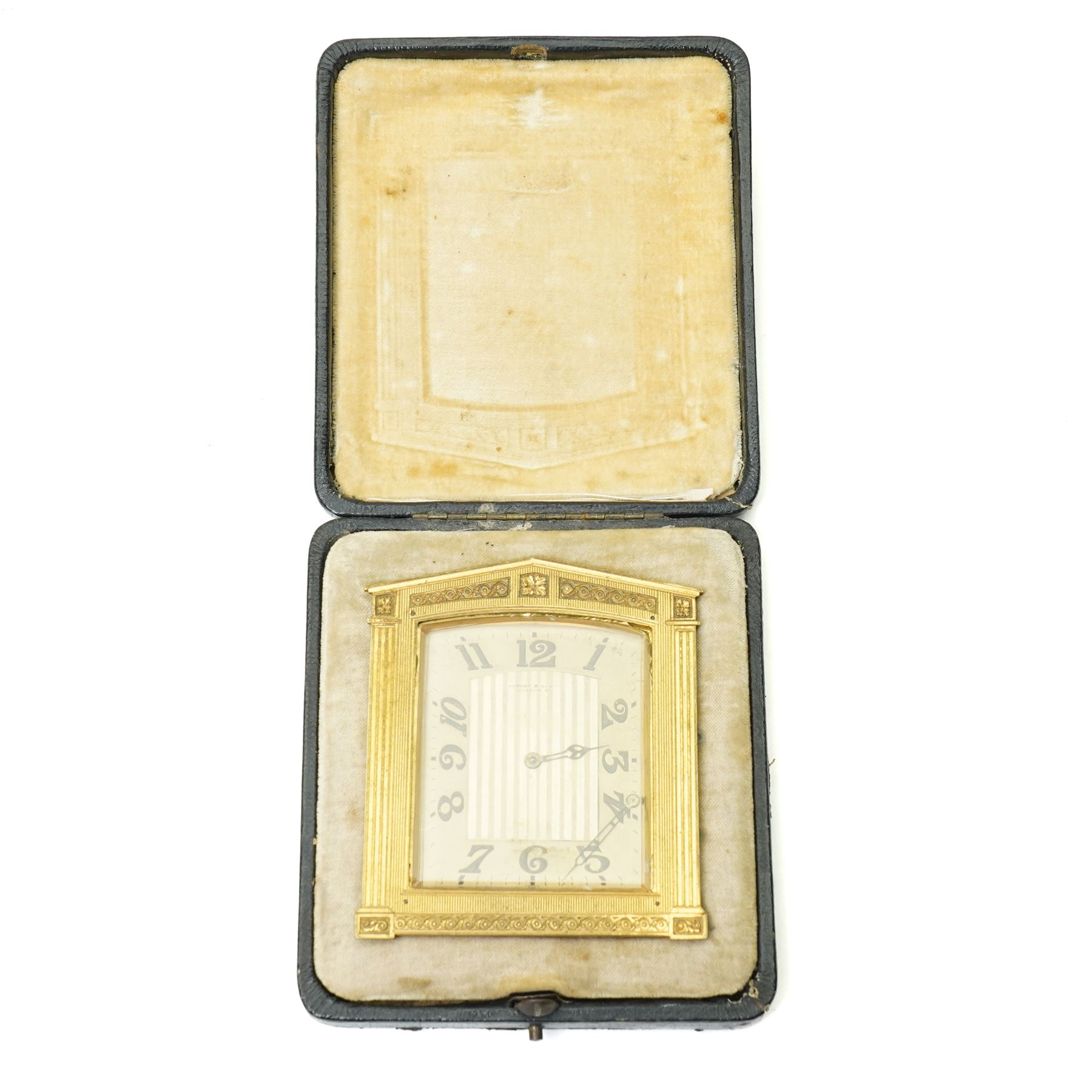 Concord & Co - Early 20th century Swiss travelling clock retailed by Asprey & Co, London in neo classical gilt metal case and outer leather travelling case No.2175694, clock size 9cm x 8cm