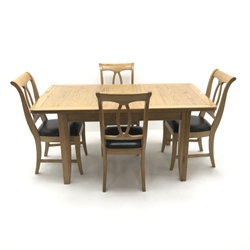 Light oak extending dining table, square tapering su[pports (W165cm & 125cm, H78cm, D91cm) and set four chairs, upholstered seat (W45cm)