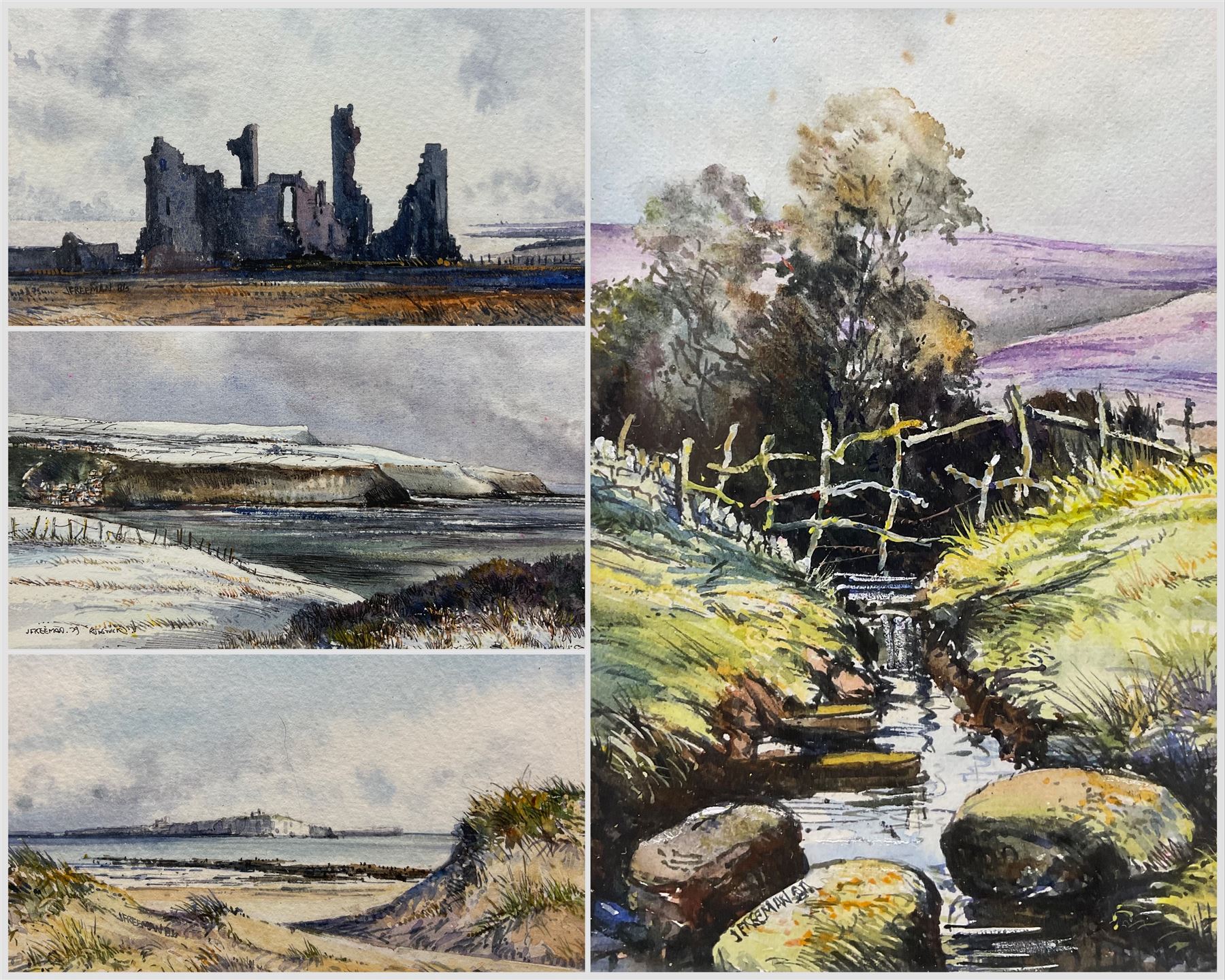 John Freeman (British 1942-): 'Dunstanburgh Castle' 'Farm Islands' 'Runswick' and 'Beck Above Railway - Goathland', set of four watercolours signed and dated '79 through '86, titles verso 9cm x 13cm (4)