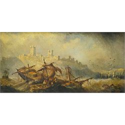 Claude Thomas Stanfield Moore (British 1853-1901): 'Fast on the Rocks off Dunstanborough (Dunstanburgh) Castle' - Northumberland, oil on board signed, signed titled and dated 1876 verso 17cm x 35cm