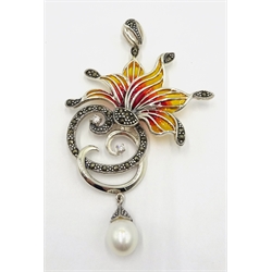  Plique a jour, marcasite and pearl silver pendant hallmarked  