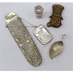  Victorian embossed silver scent bottle with hinged lid, L5.5cm, Victorian silver-plated embossed spectacle case, silver vesta case, leaf shaped caddy spoon and brass novelty vesta case in the form of Ally Sloper (5)  