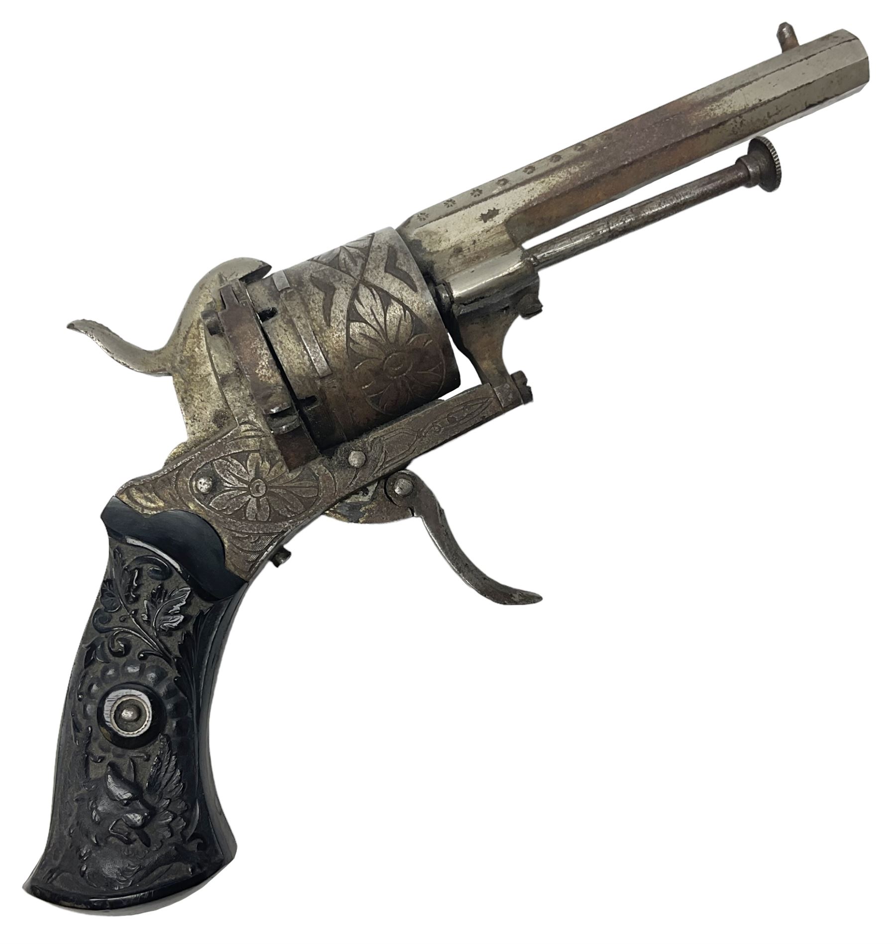 19th century Belgian 7mm pin-fire six-shot revolver with engraved action, folding trigger and ornate grips, ELG proof marks, No.4562 L20cm