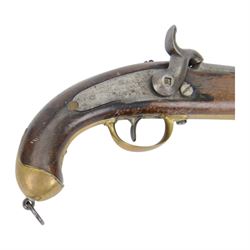 19th century percussion pistol, with round 22cm unsighted barrel with octagonal base, backwards spring lock signed 'PIRLOT FRERES LIEGE'; wooden full stock with brass mounts, belt hook, overall L36cm