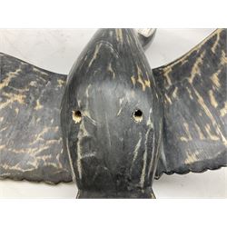 Wooden sculpture of Cormorant aquatic bird on a naturalistic wooden plinth, H46cm