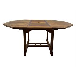 Extendable garden table, octagonal slatted top with central hinged folding leaf, on straight rectangular supports connected by double stretcher