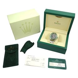 Rolex Oyster Perpetual Date Submariner 'Kermit' gentleman's stainless steel automatic wristwatch, circa 2005, model No 16610LV, serial No. D079091, 60 minute rotating green bezel, on Rolex Oyster stainless steel bracelet, with fold-over clasp, boxed with service guarantee dated 2014