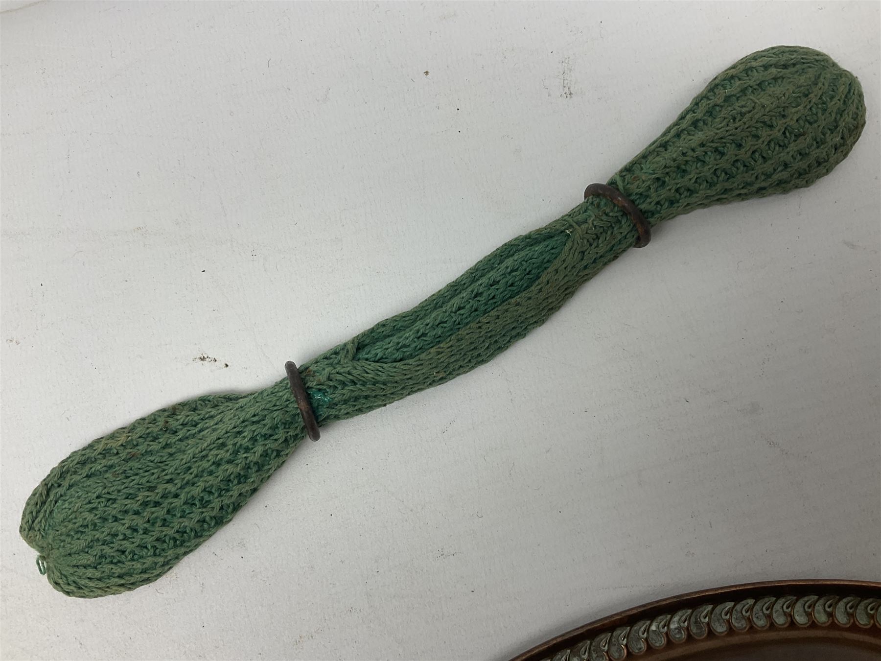 HMS Foudroyant copper tray, with label to reverse, together with a Georgian coin purse, plate D30cm