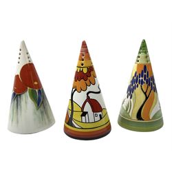 Three Wedgwood limited edition Clarice Cliff Design sugar sifters of conical form, comprising House and Bridge, Windbells and Delicia Citrus, H11cm. 