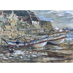 Rowland Henry Hill (Staithes Group 1873-1952): Whitby Cobles at Runswick Bay, watercolour signed and dated 1940, 24cm x 34cm