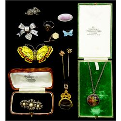  Large silver enamel butterfly brooch and a smaller blue enamel butterfly brooch, both by J Aitkin & Son, Victorian silver heart box brooch Birmingham 1895, two gold stick pins and a gold shirt pin, all 9ct, silver jewellery including butterfly wing pendant and ring and a gilt swivel fob