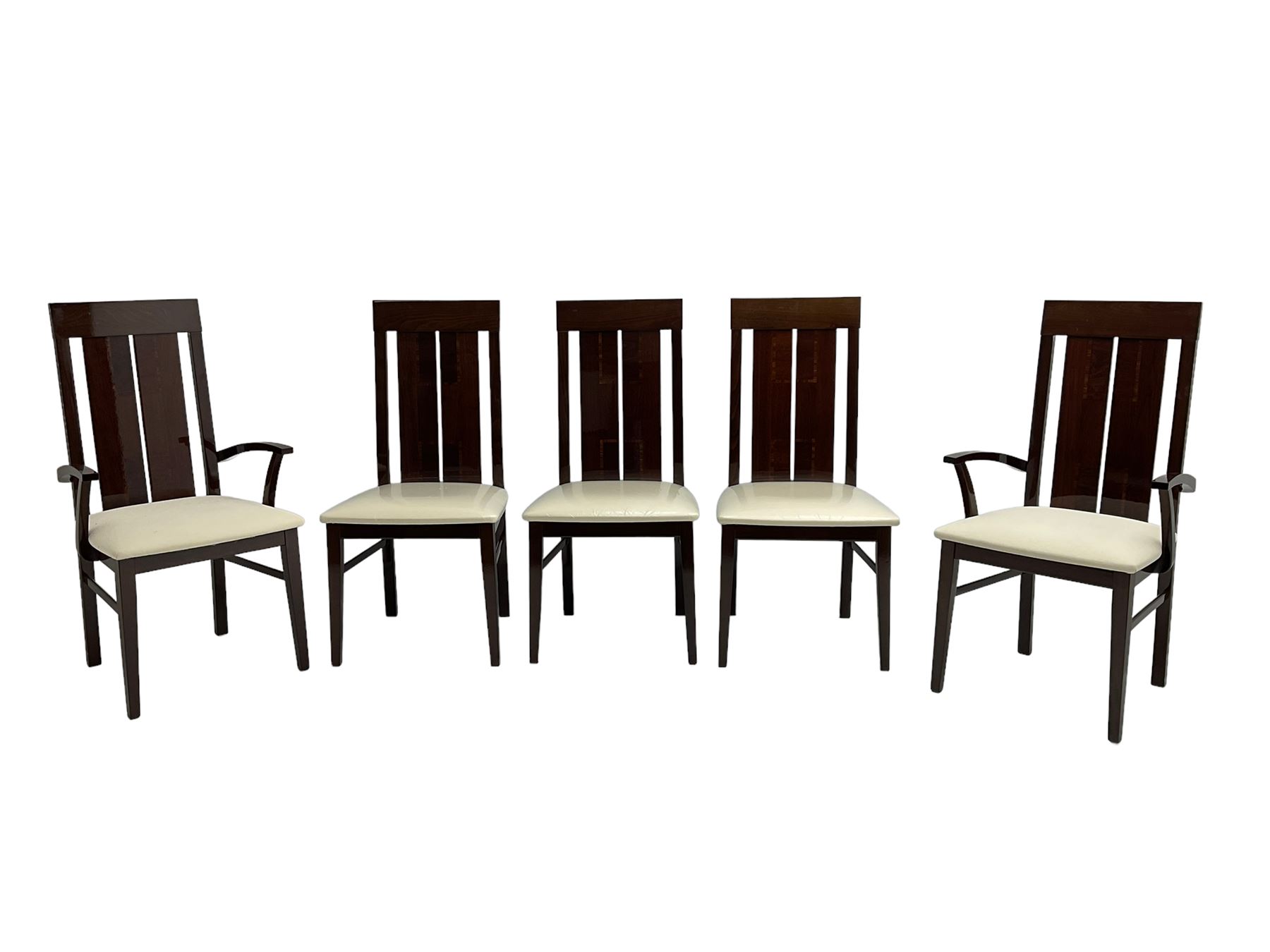 Large American walnut rectangular dining table on square block supports, together with set eight high back dining chairs with cream upholstered seats, the top and chair backs with matching inlaid geometric banding