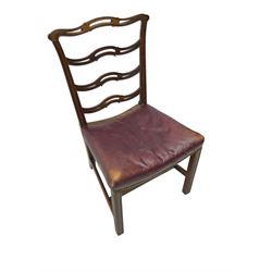 George III mahogany side chair, pierced and waved ladder back with moulded uprights, dished seat upholstered in dark red leather with brass stud band, on moulded front supports joined by H-stretchers