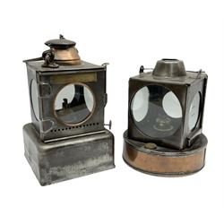 Lamp Manufacturing & Railway Supplies Ltd Welch Patent steel and copper railway lamp marked LNER, with square base marked 'S', H25cm; together with another similar railway lamp with circular base, the reservoir stopper marked GWR (2)