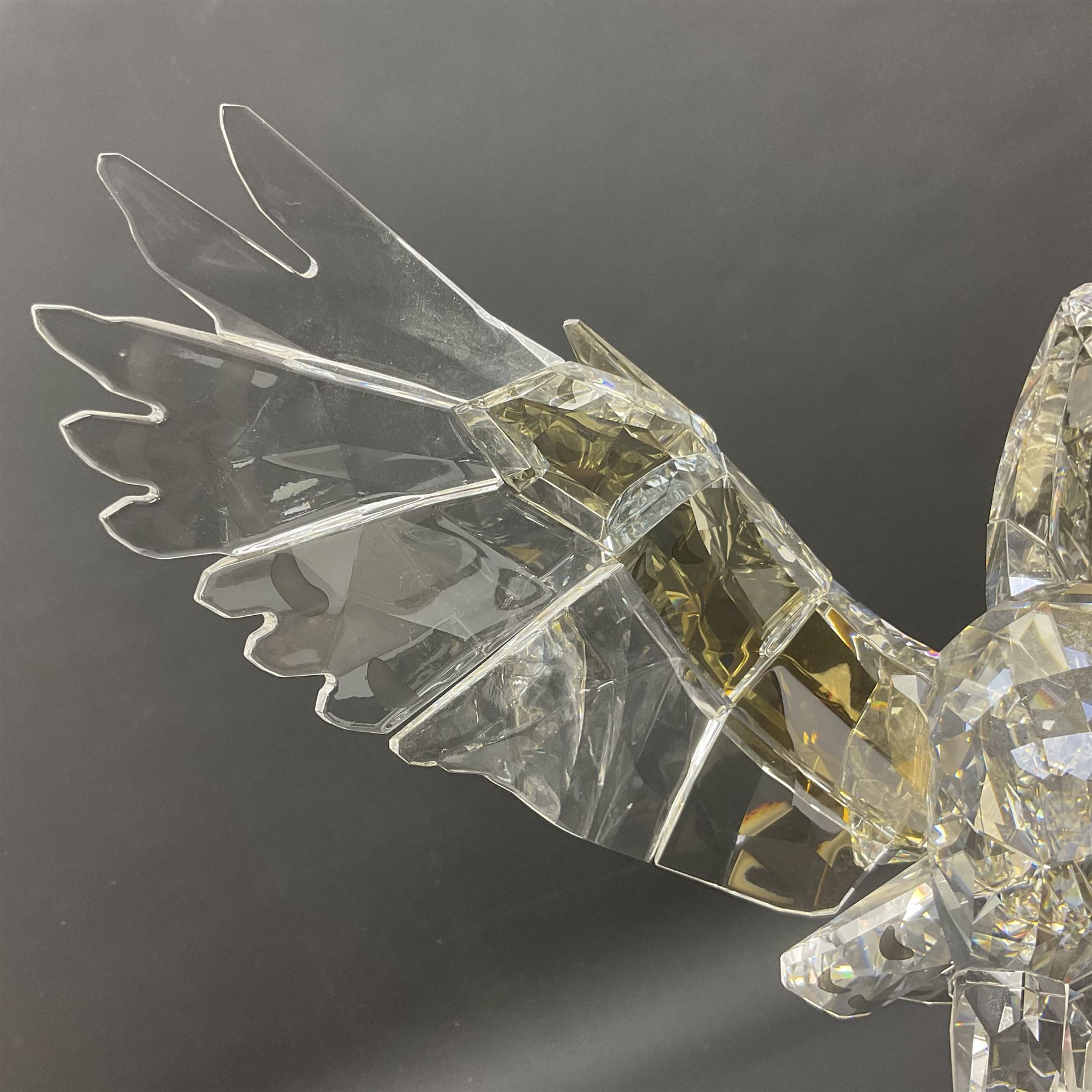 Swarovski Crystal Soulmates, Snowy Owl, upon stylised metal base, H30cm 