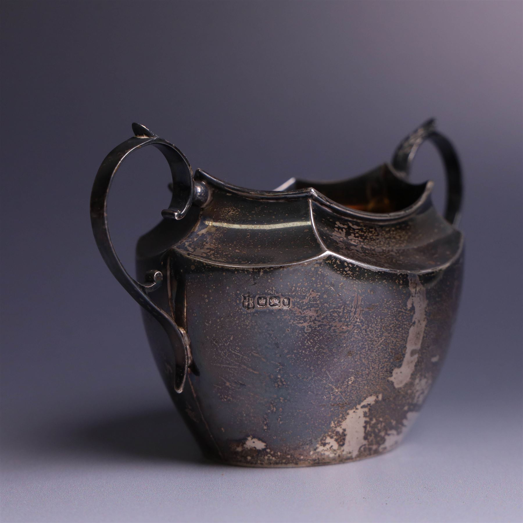 Late Victorian silver twin handled open sucrier, of hexagonal form with acanthus capped handles, hallmarked James Deakin & Sons, Sheffield 1900