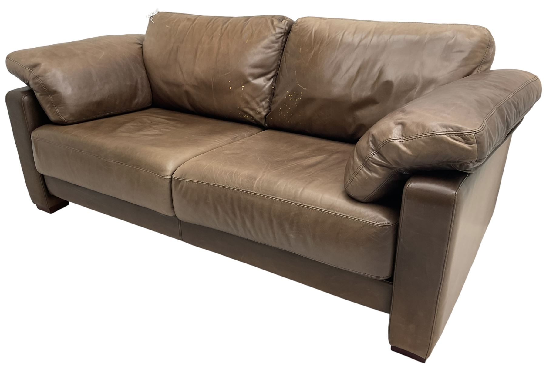 Heals - contemporary two seat 'Palermo' sofa, upholstered in chocolate brown leather, raised on wooden block feet