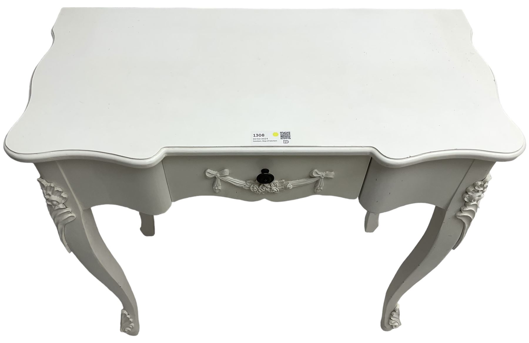 French design white painted console table, shaped top, fitted with single drawer with applied swag decoration, raised on cabriole supports decorated with foliate mouldings