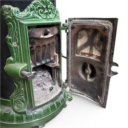 French Godin cast iron enamel stove, circular form, finished in green and black paint