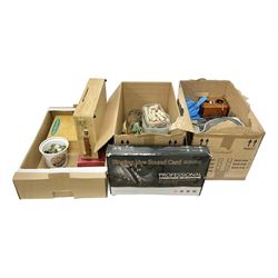 Condenser microphone, together with CD player, carved chess set, wooden figures etc in three boxes  