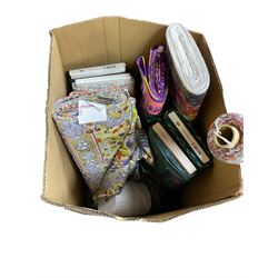 Haberdashery Shop Stock: Haberdashery Shop Stock: Various rolls of chintz and patterned rolls of fabric including a towelled chintz fabric and others, mostly synthetic (qty) in two boxes