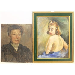 Portrait of Matron, mid 20th century oil on canvas indistinctly signed, indistinctly inscribed on the stretcher verso, and another portrait of a young girl unsigned, max 64cm x 49cm (2)