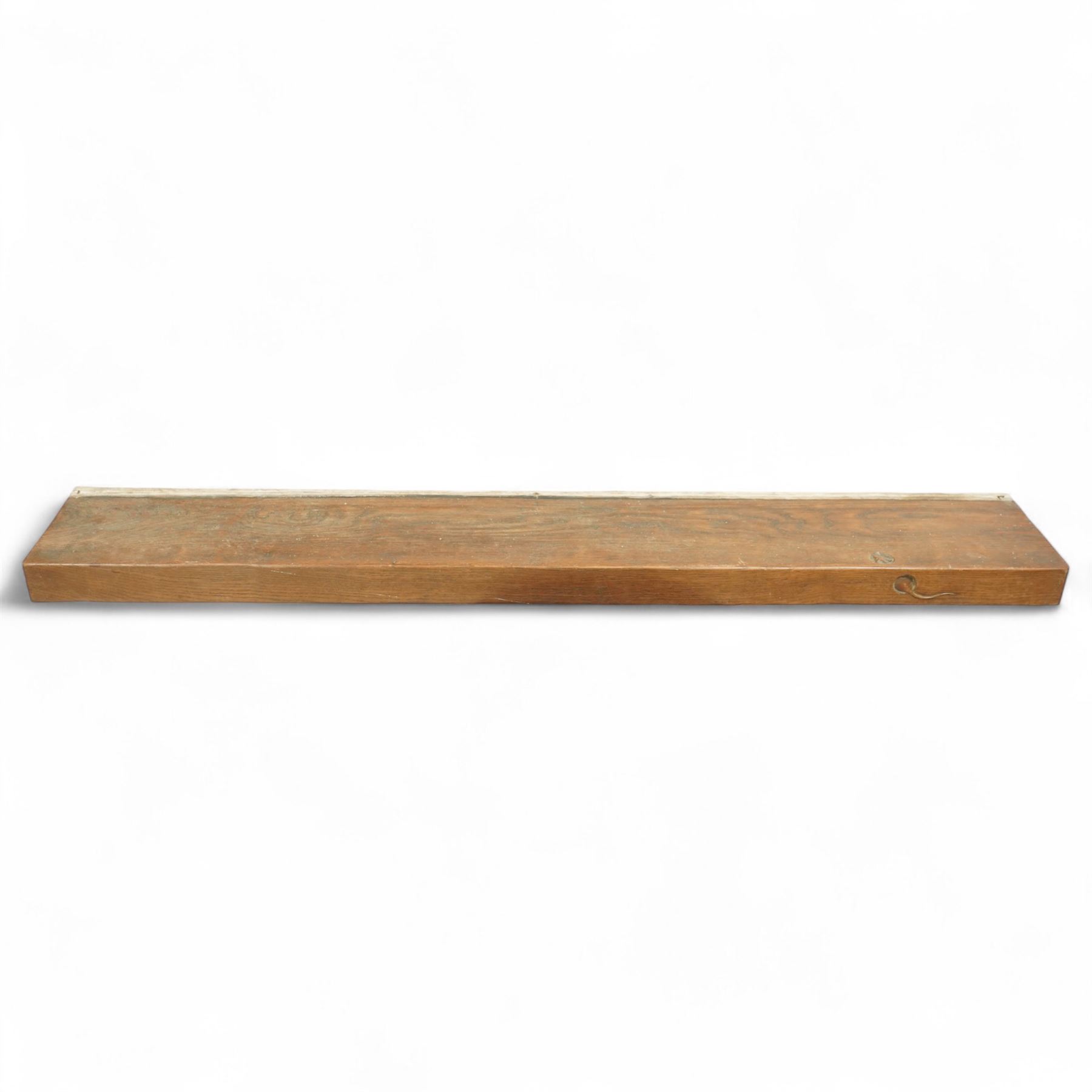Mouseman - oak mantle or shelf, solid single plank with lightly adzed top with head and tail signature, by the workshop of Robert Thompson, Kilburn

