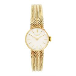 Longines ladies 9ct gold manual wind wristwatch, silvered dial with baton hour markers, Lo...