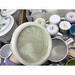 Large collection of ceramics to include God Speed the Plough loving cup, Denby, Coalport, Portmeirion, quantity of mugs etc in four boxes