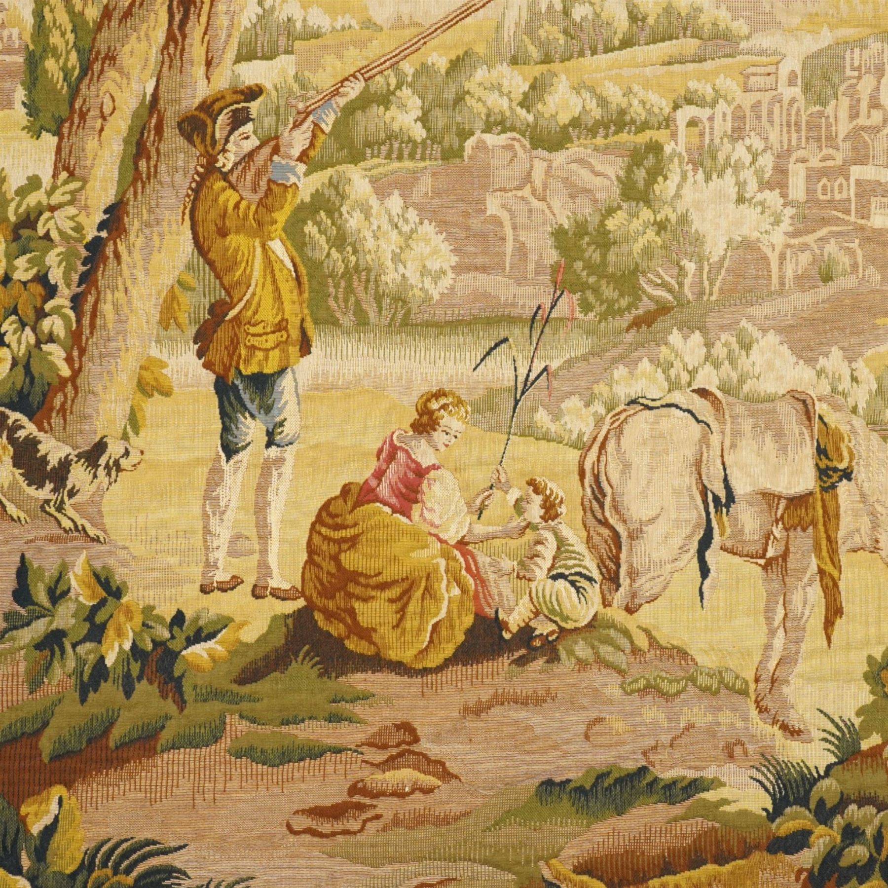 Large French Aubusson style verdure tapestry, of 18th century design but later, depicting hunters resting, 133cm x 194cm