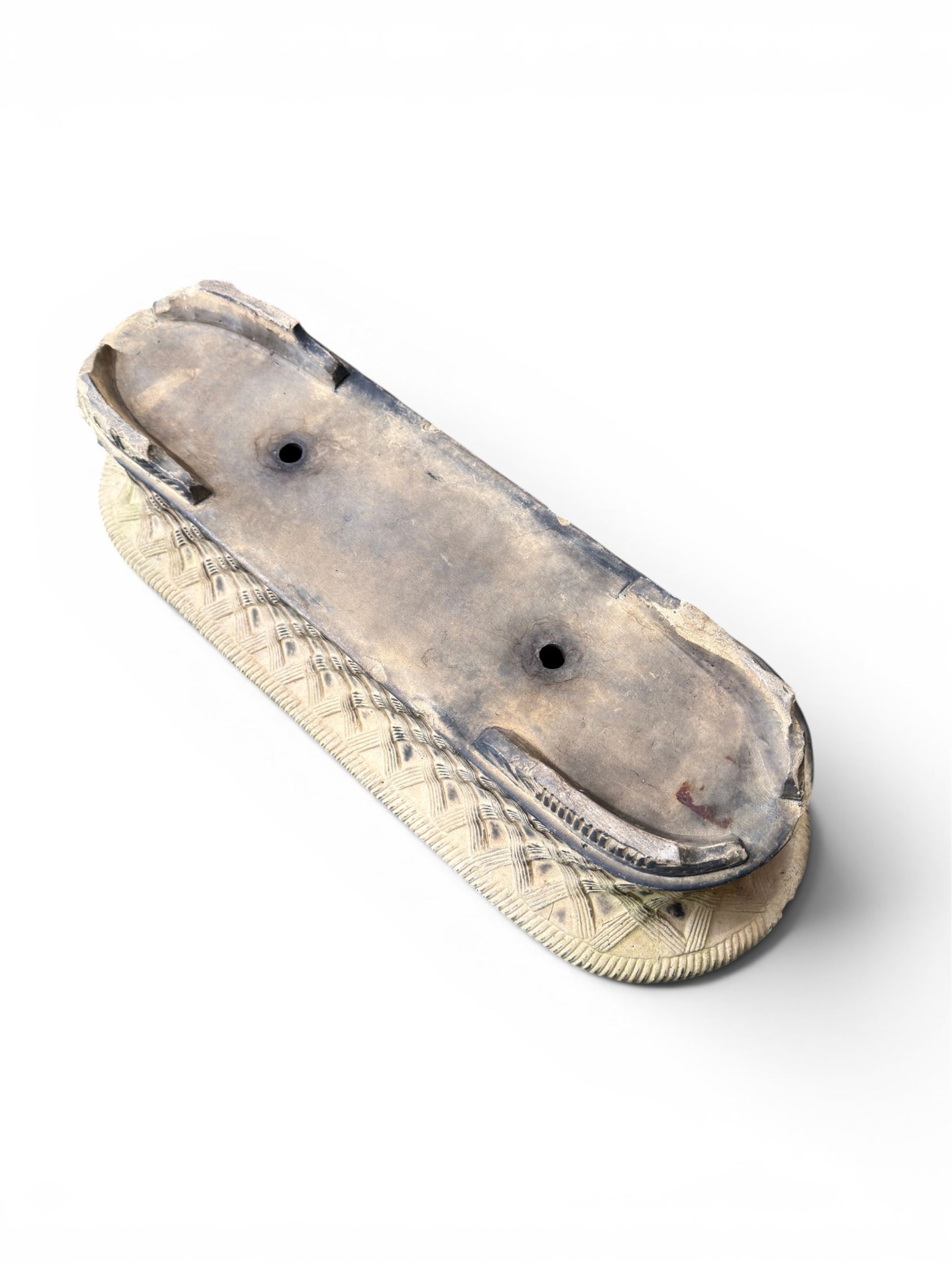 Mid-20th century terracotta oval lattice shallow planter - design after James Pulman & Son