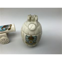 Three pieces of crested ware, comprising grenade detailed 'The Mills Hand Grenade' with Filey Crest, marked beneath Grafton China, a cannon with crest banner detailed 'Sterlini Oppidvm', marked beneath W H Goss, and a submarine with Tunbridge Wells crest, marked beneath Arcadian China 