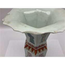 Chinese Kangxi gu vase, of hexagonal form with fluted rim, decorated in polychrome enamels with a male figure to each panel and red character marks to centre, with painted red leaf mark beneath, H32.5cm