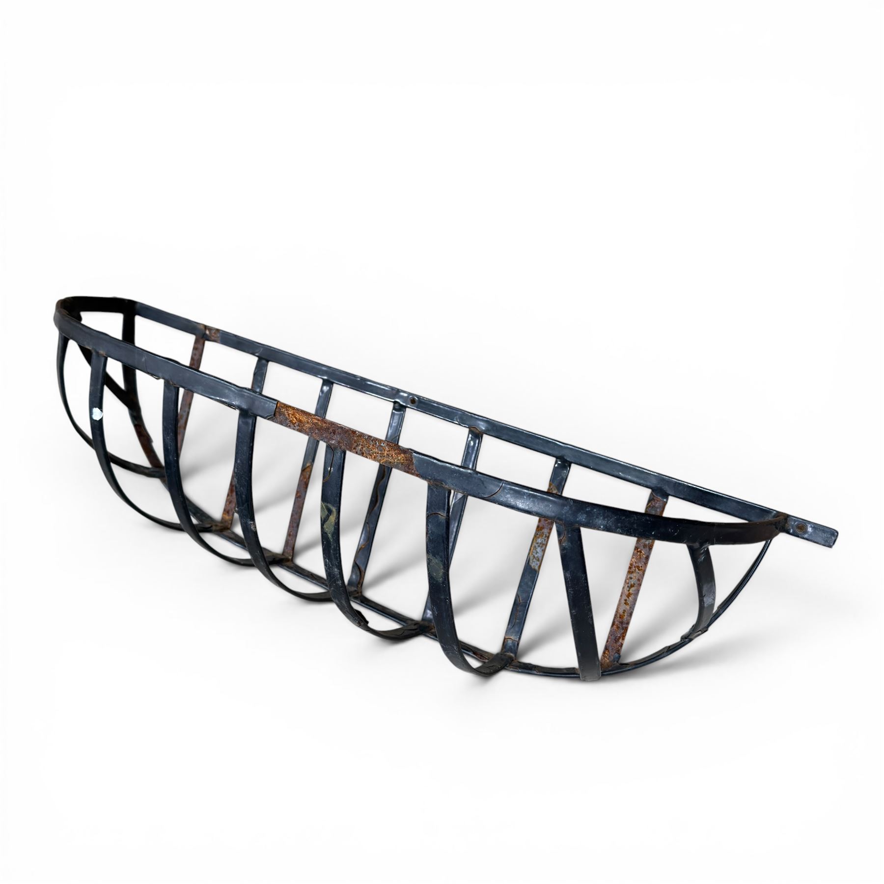 Pair of two tiered flower baskets, two hay racks, hanging basket, two boxes of plant pots and a square stone planter