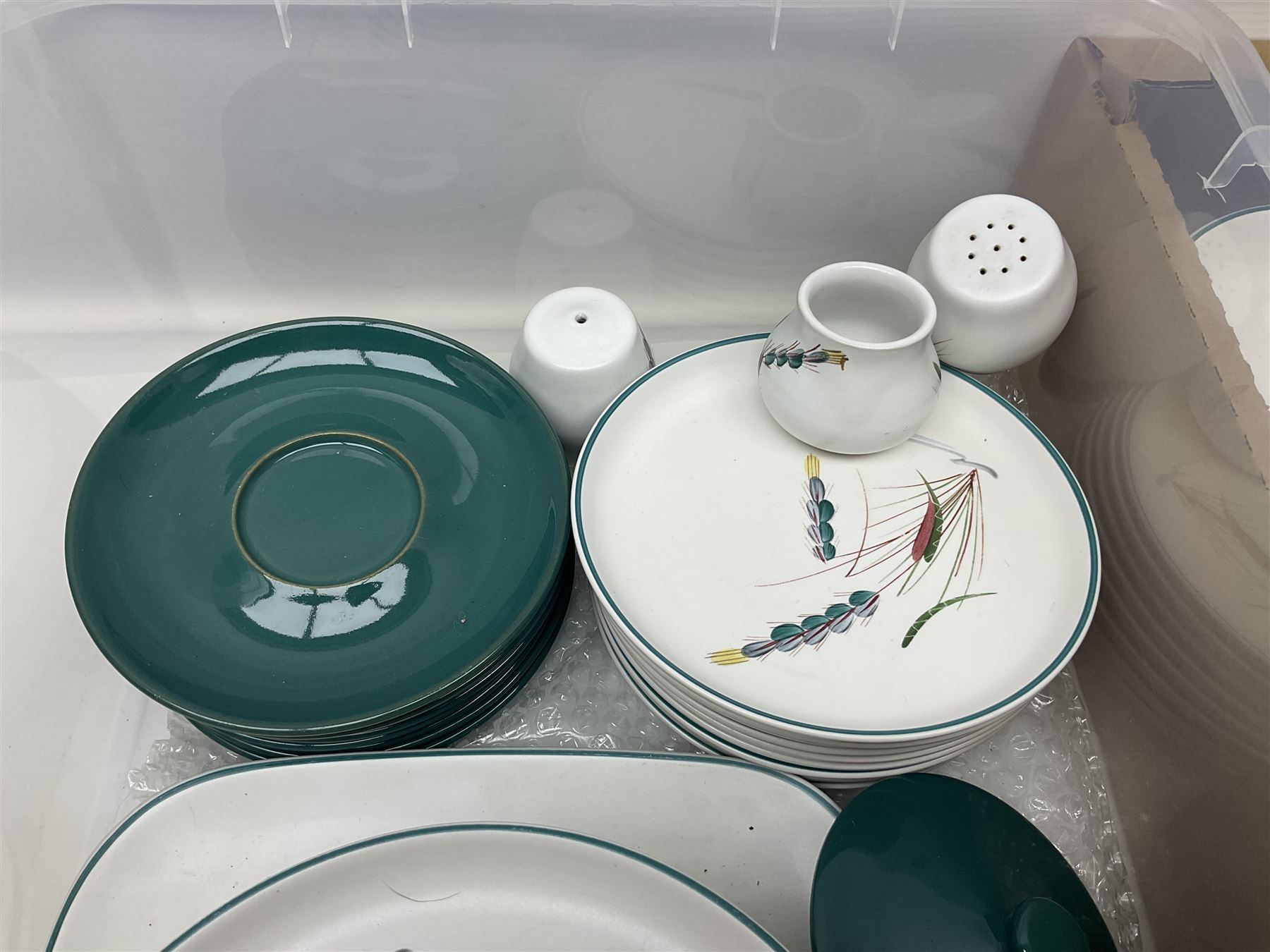 Denby Green Wheat pattern part tea and dinner wares, including serving platters, teacups, teapot, side plates, etc, all with stamped mark beneath