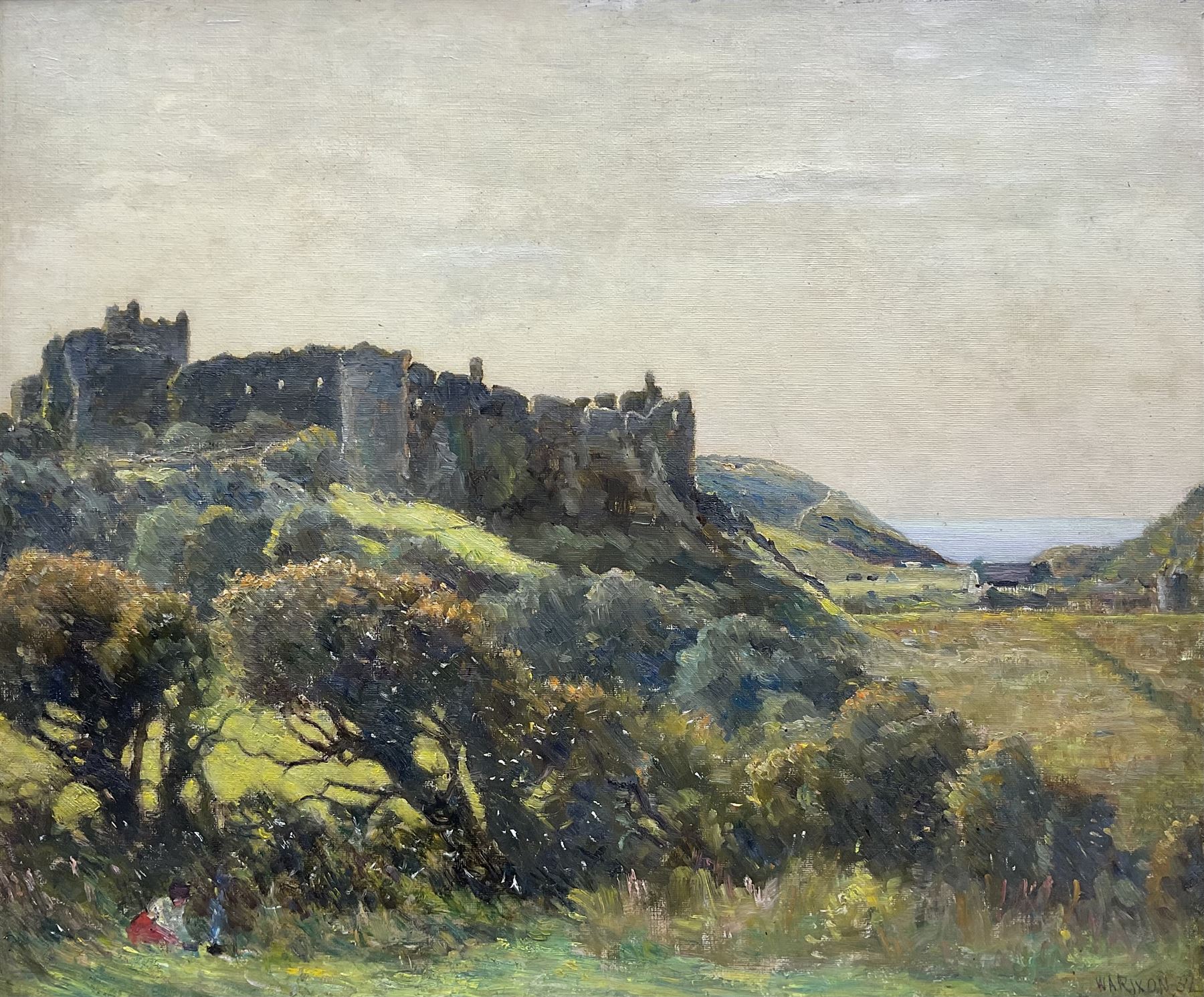 William Augustus Rixon (British 1880-1936): 'Manorbier Castle - Tenby' Wales, oil on board signed and dated '32, titled verso 49cm x 59cm
