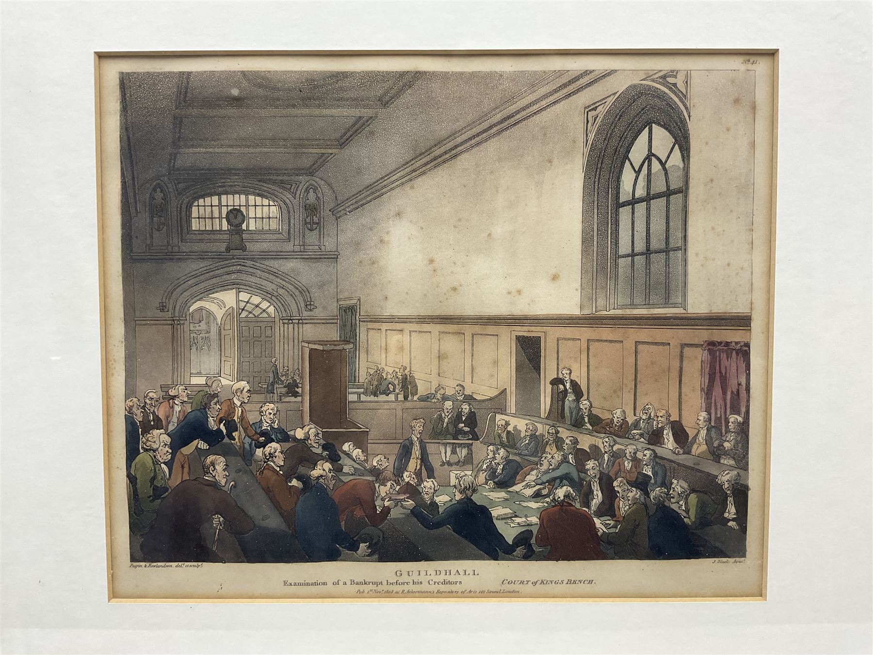 Charles Augustus Pugin (British 1762-1832) and Thomas Rowlandson (British 1757-1827): 'Guildhall' and 'Doctors Commons', pair early 19th century hand-coloured lithographs 22cm x 27cm