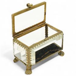 French bevelled glass bijouterie boxes, with gilt metal framing, raised on scrolled and paw feet, the square example with 'Le Hotel de Ville - Paris' scene to cover (2)