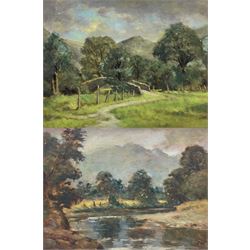 J H (Yorkshire 20th century): 'River Derwent' and A Dales Bridge, pair oils on board signed with initials, one titled verso 29cm x 39cm
