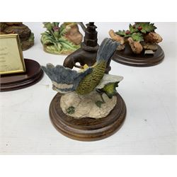 Three Country Artist figure groups, comprising 'Woodland Visitors', 'Bluetit on Tap' and 'Blackbird', together with two other animal figure groups